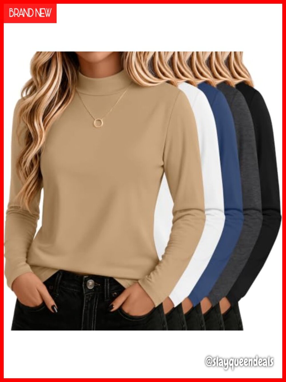 5 Pack Mock Turtleneck Cotton Shirts for Women Long Sleeve Slim Fit